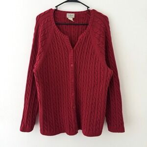 L.L. Bean Cardigan Sweater Women 2XL Red Fisherman Cable Knit Button Classic